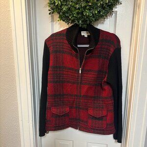 Norm Thompson Men's Vintage Wool Red, Gray, Black, Zip Up Sweater Jacket-Medium